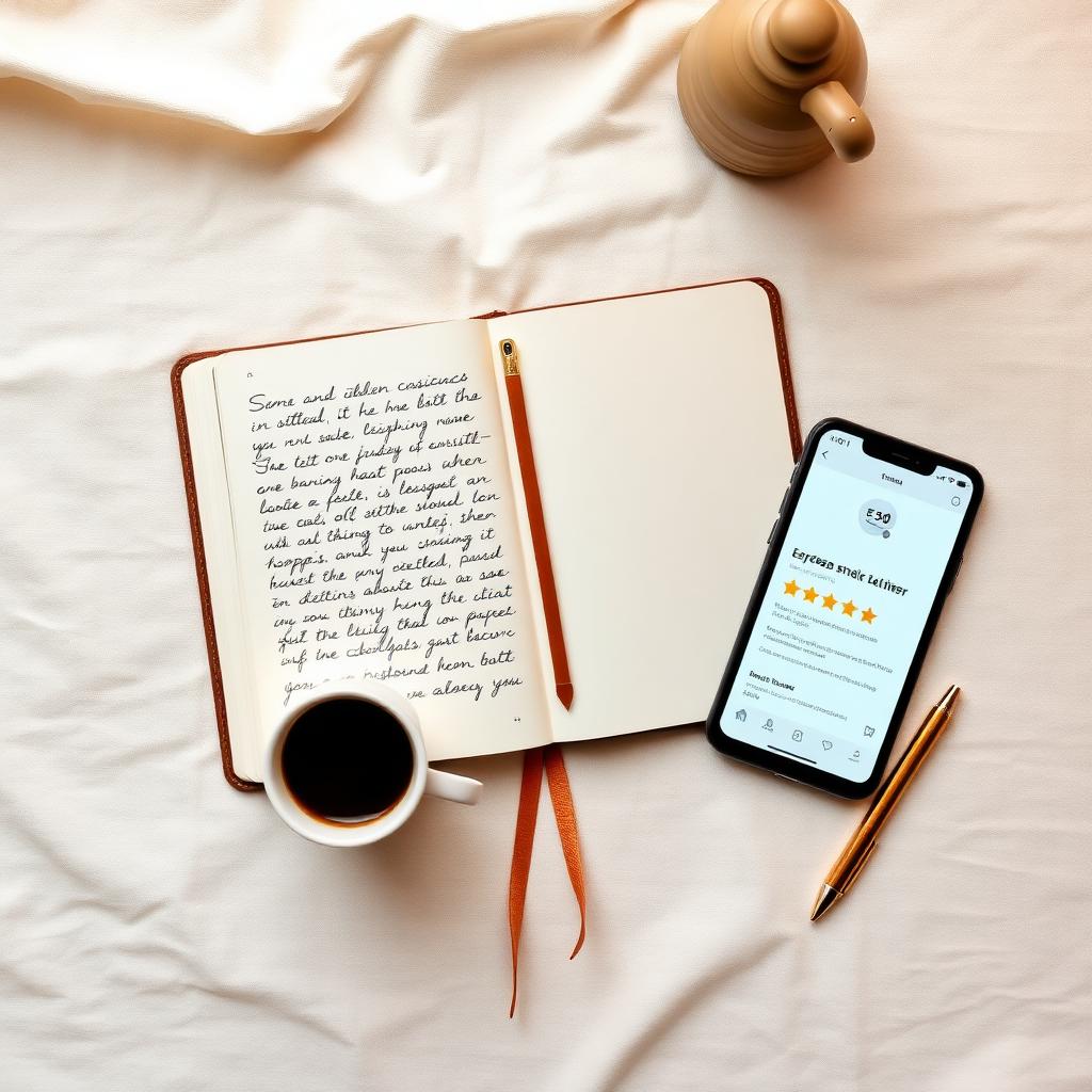 A business owner's desk with a 5-star review on their phone next to a handwritten journal